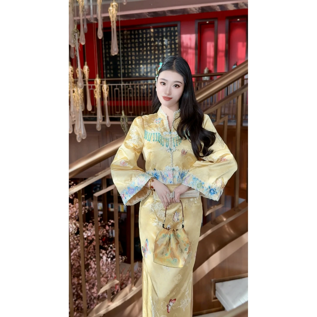 【媛珠 世子王妃】重工新中式提花金色贵气名媛套装上衣吊带裙
