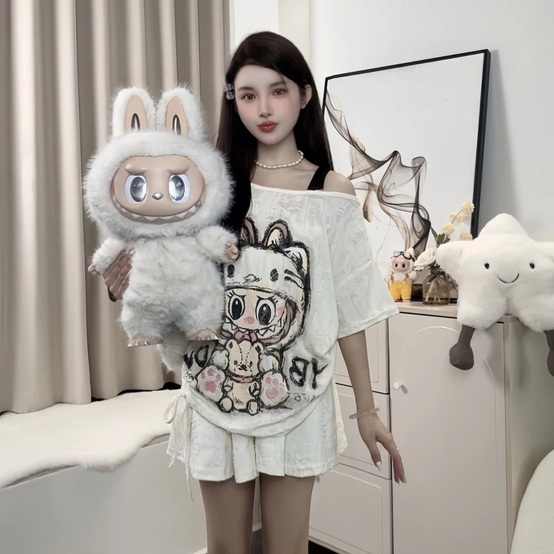 2025夏季设计感百搭斜肩吊带拉布布休闲短袖T恤时尚宽松显瘦上衣