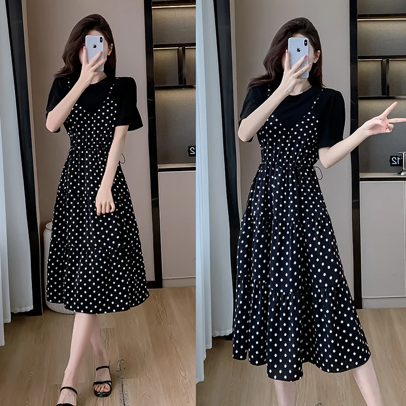 大码女装2025夏季新款假两件设计感抽绳收腰显瘦碎花连衣裙