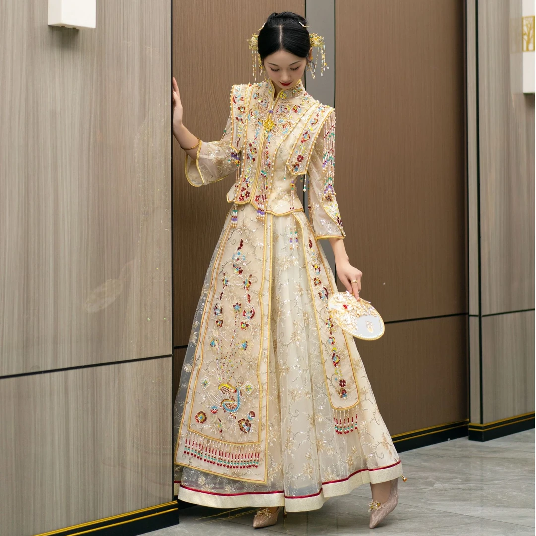 香槟色秀禾服新娘结婚2025新款夏季中式礼服凤冠霞帔龙凤褂