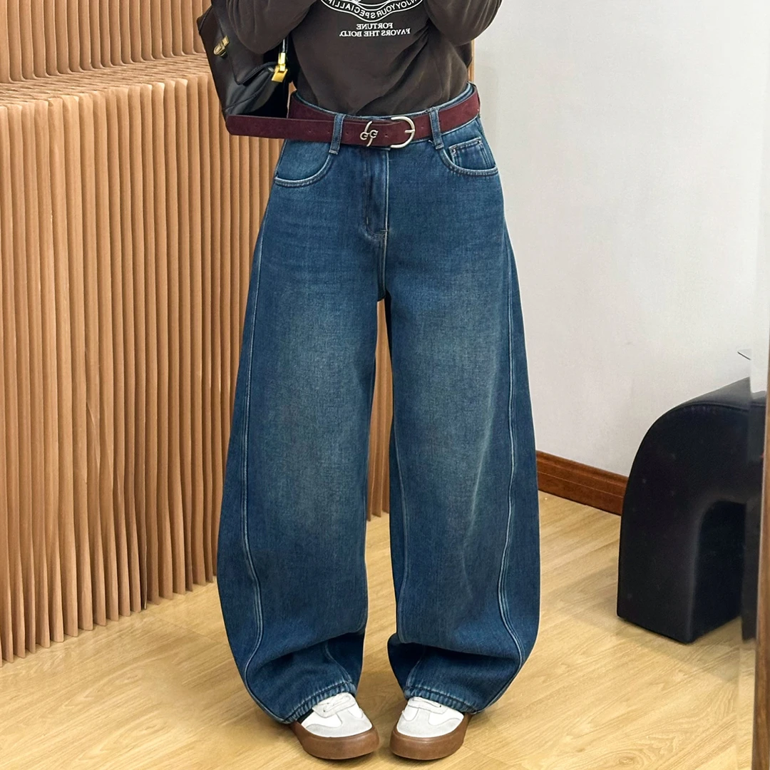 复古弯刀加绒牛仔裤女欧洲站冬装新款欧货女装加厚阔腿裤子潮宽松