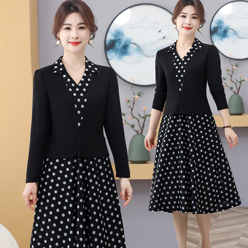 新款妈妈春装假两件连衣裙时尚中年女装长袖遮肚显瘦中长款裙子