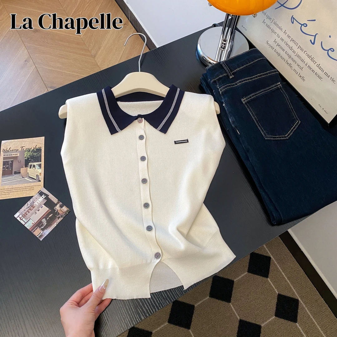 拉夏贝尔韩系学院风甜美减龄Polo领无袖坎肩背心显瘦上衣夏季女