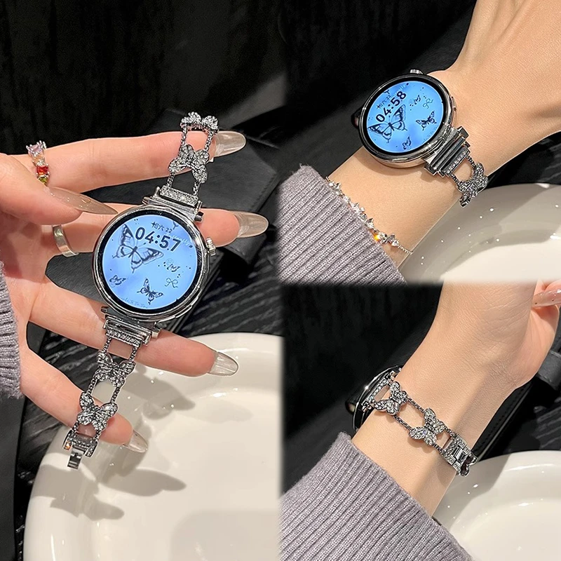 适用华为gt5表带女款watchGT4Progt3gt2金属蝴蝶镶钻表带高级荣耀
