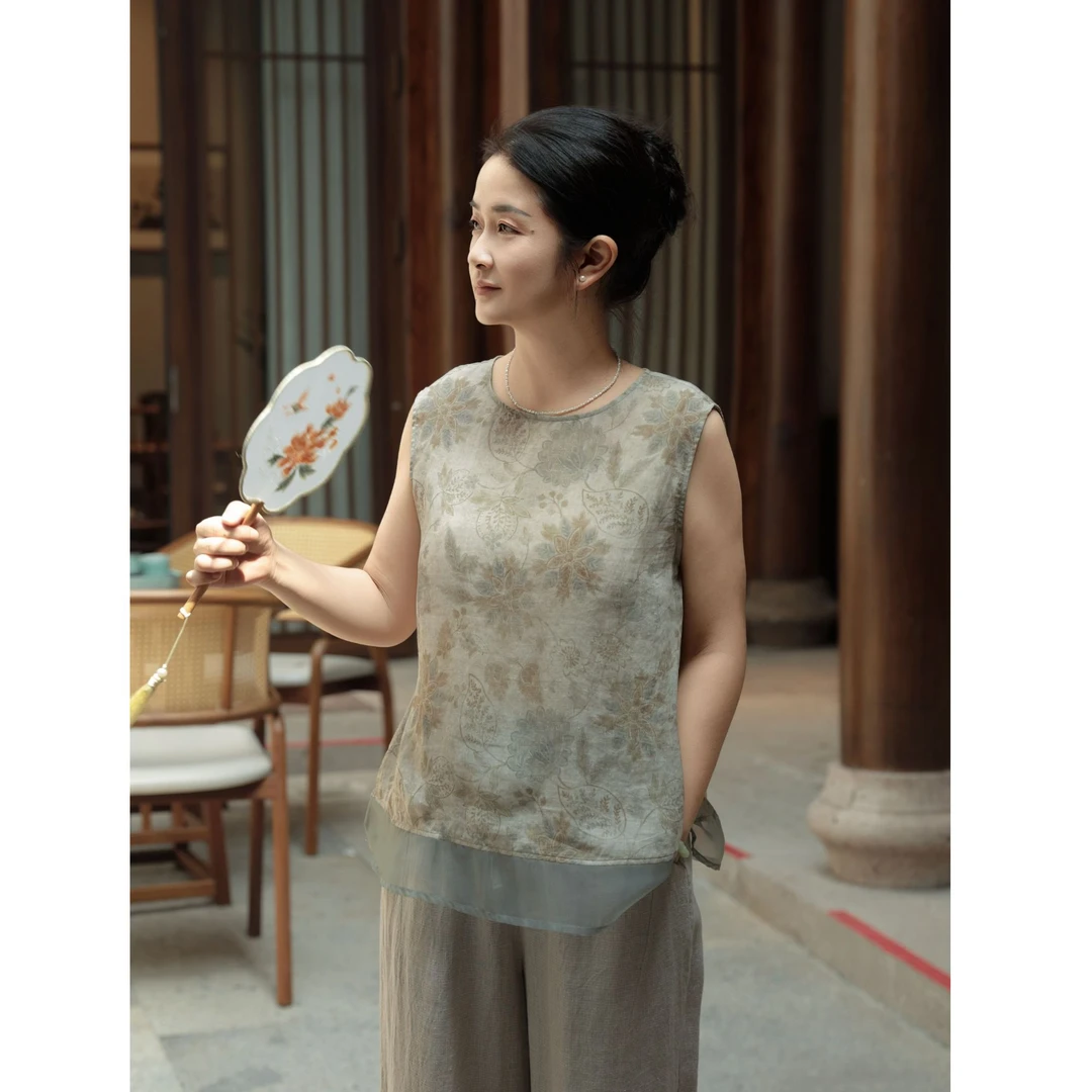 麻享【花间引·坎肩】莨麻印花小衫清凉飘逸夏季女士上衣FSY50777