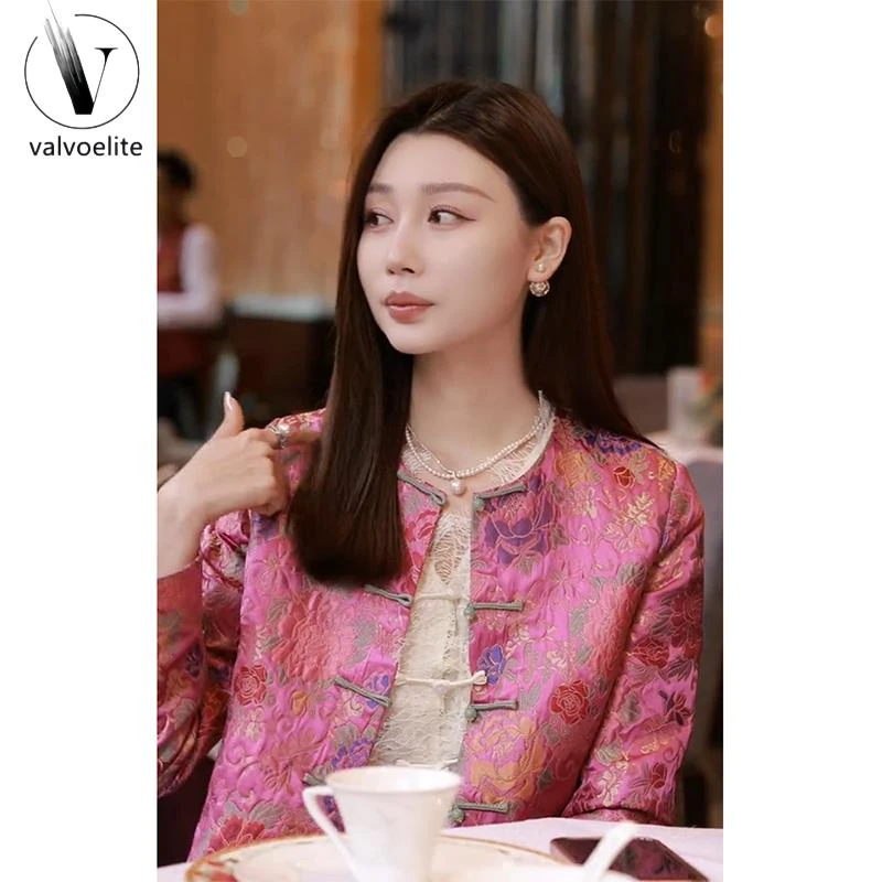 VALVOELITE新中式高端女国风唐装上衣独特超好看小香风玫红色外套