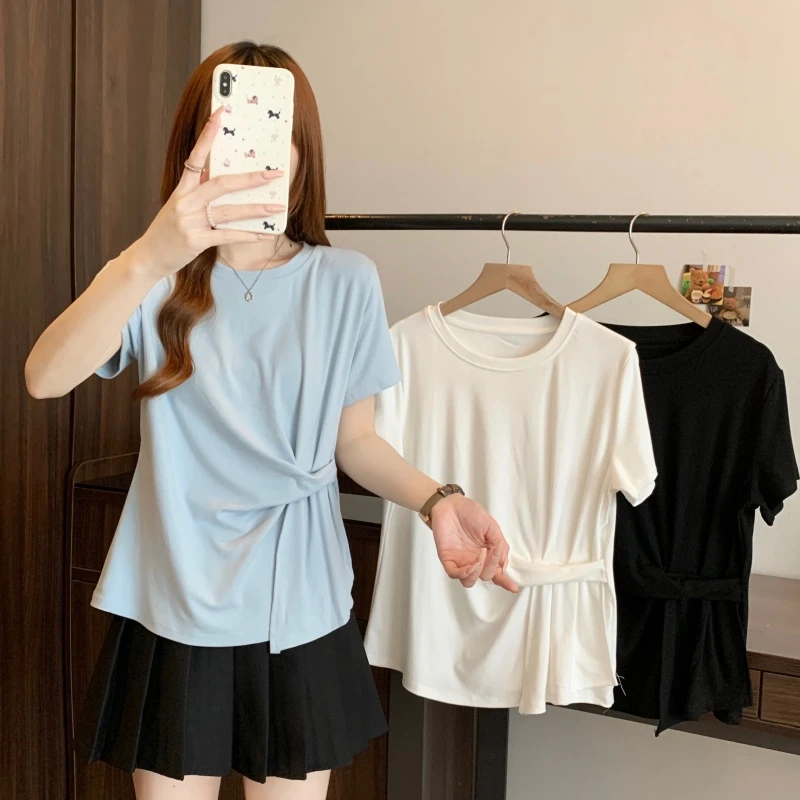 大码女装2025夏季新款时尚休闲纯属褶皱收腰短袖T恤上衣1837
