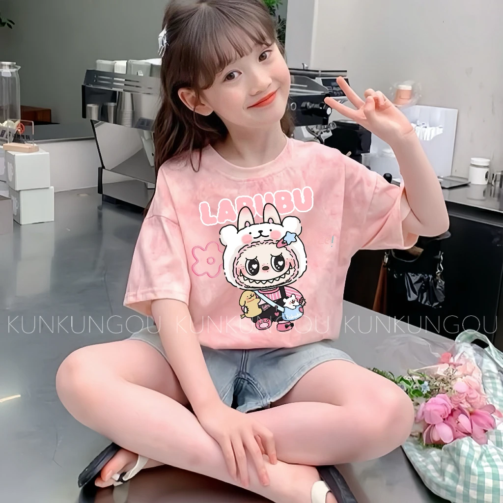 女童2025宝宝夏季新款纯棉扎染短袖T恤爆款百搭卡通玩偶上衣潮
