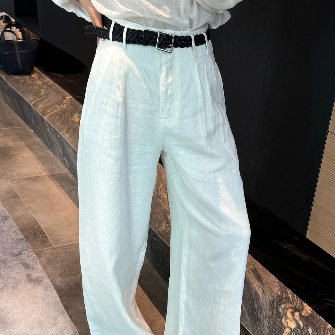 SXINGXING宽松法式亚麻长裤子女士直筒阔腿裤老钱风松弛感休闲裤