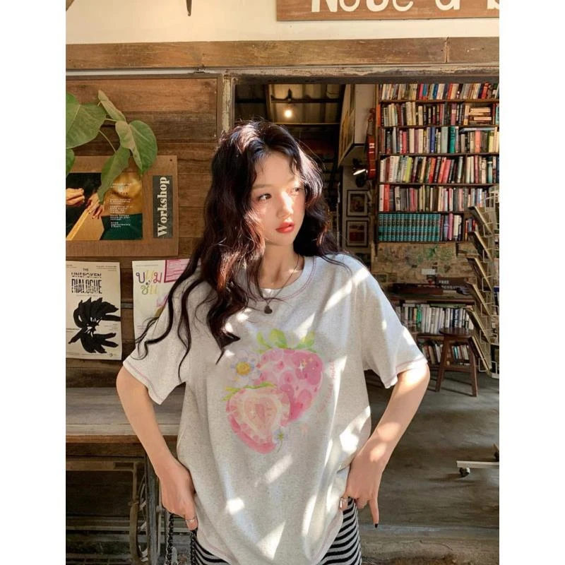 小雅姐姐  韩系甜美草莓印花百搭短袖T恤IW60