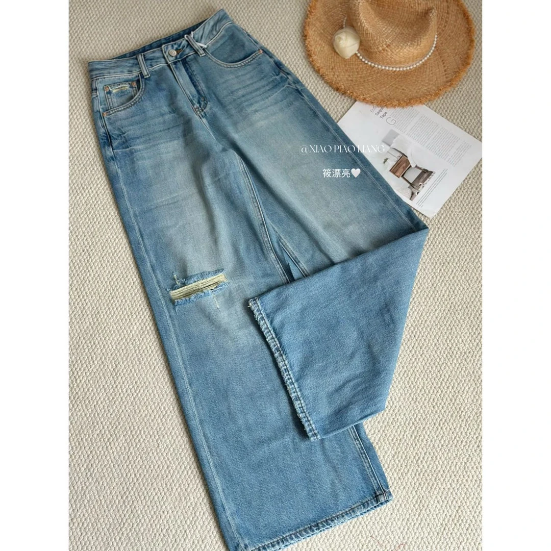 夏季新款小众破洞长裤2025时尚显瘦通勤百搭阔腿牛仔裤P017#0.1