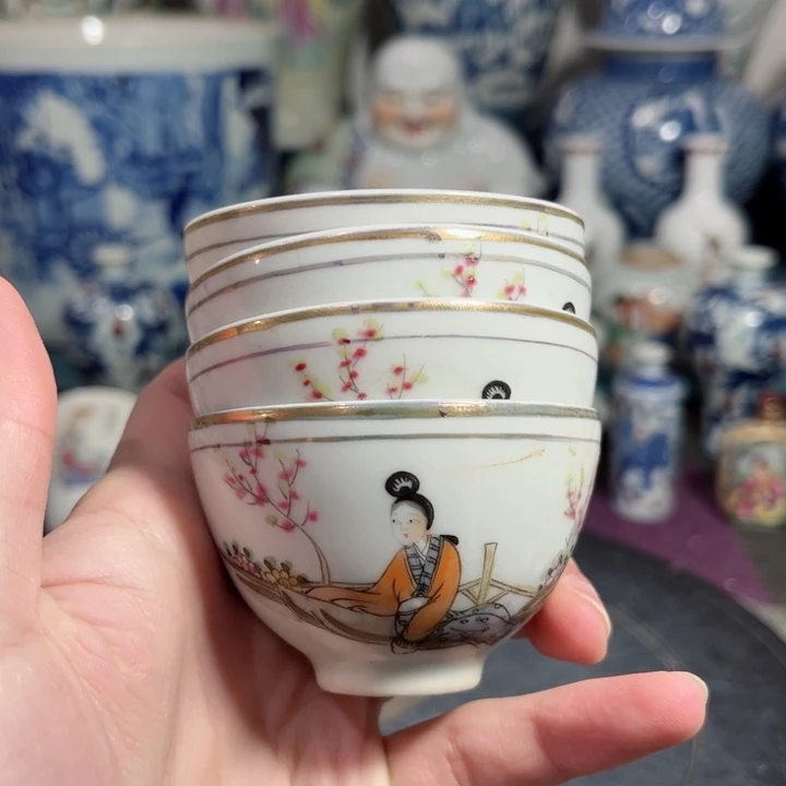 摆件桃花美女小茶杯4只