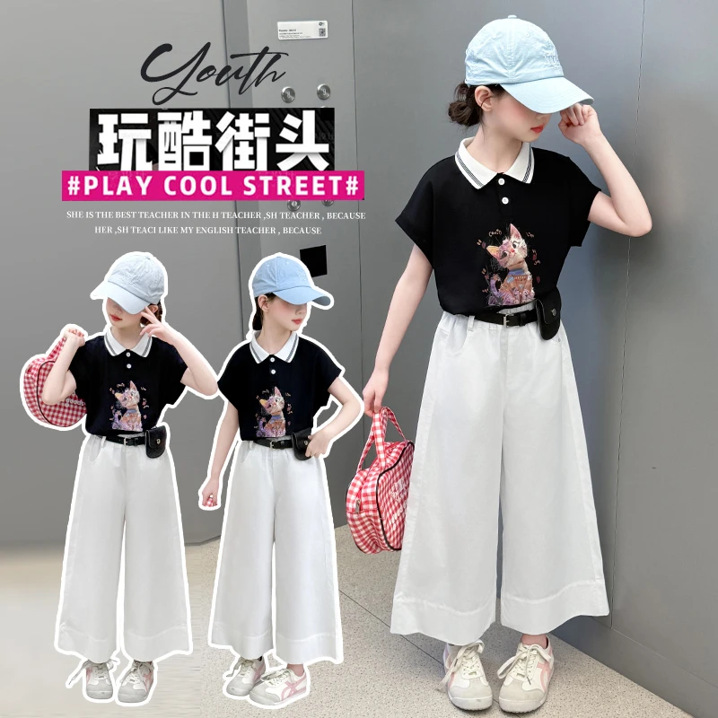 女童套装夏季薄款中大童POLO衫阔腿九分裤两件套儿童休闲洋气学生