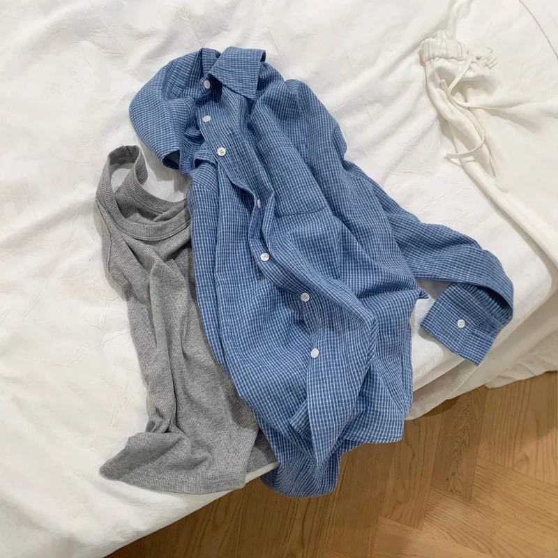 美式复古撞色格子衬衫女25秋季薄款防晒外套搭配亚麻半身裙两件套