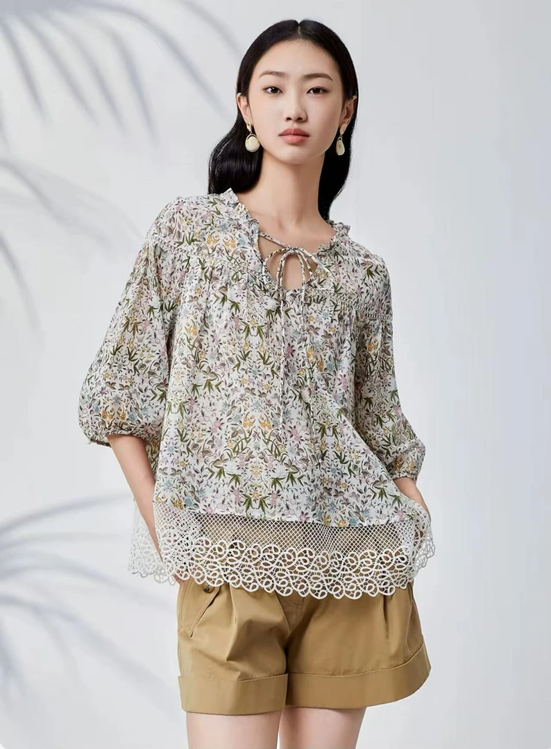 90C1018夏季女士时尚潮流印花宽松短袖衬衫