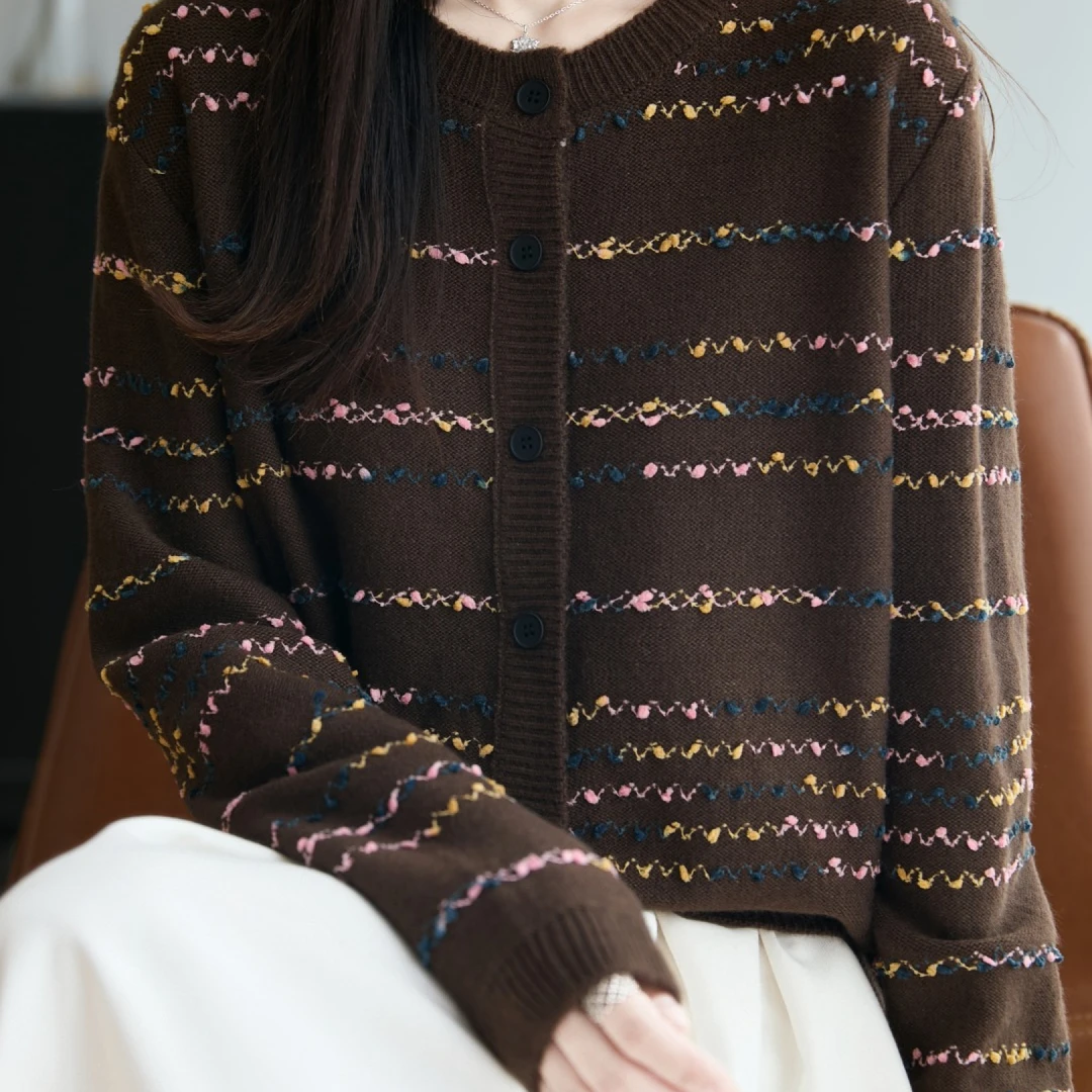 秋季上新羊毛针织开衫女条纹宽松提花针织衫开衫外套