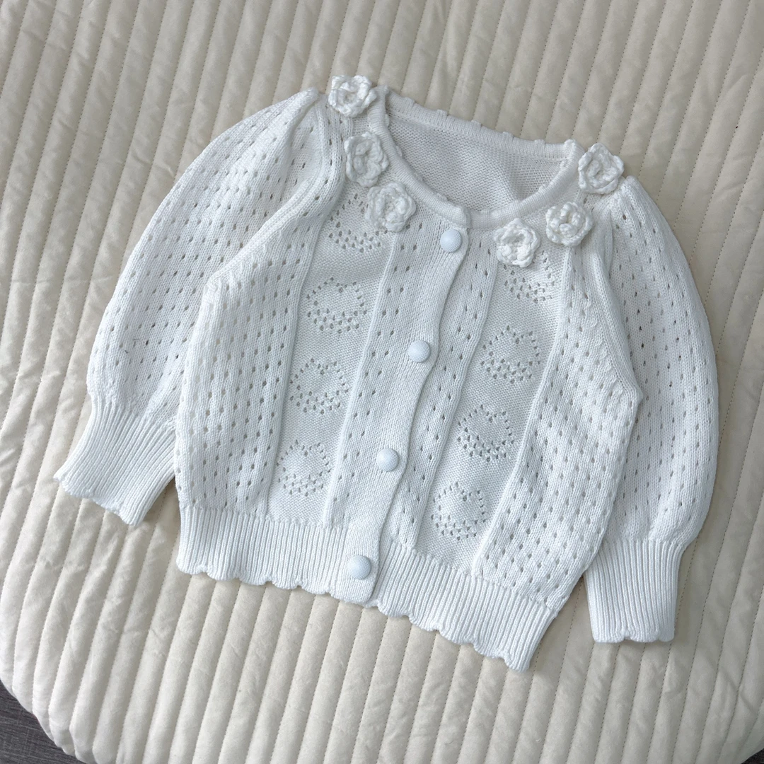 【棉纱针织花朵泡泡袖开衫毛衣 小乐妈咪】婴儿开衫女宝宝针织衫D4