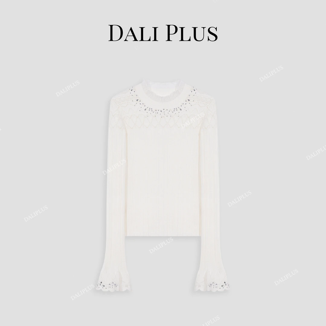 DALI PLUS经典绵羊 毛镂空挑孔坑条修身内搭针织衫-D4XL0128-1