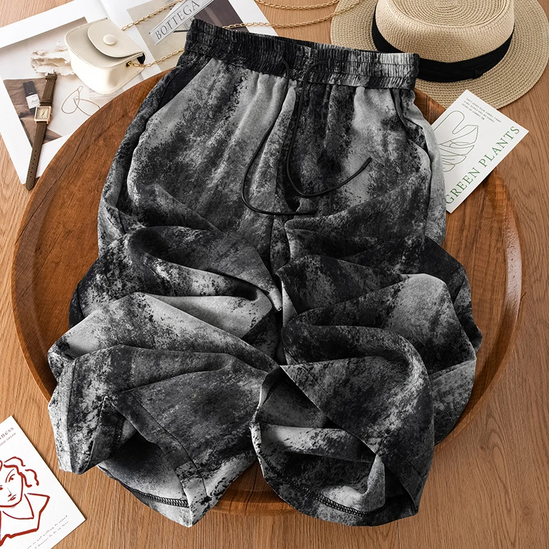 拉夏贝尔水墨画国风阔腿裤女夏季2025新款凉凉垂感缎面印花直筒裤