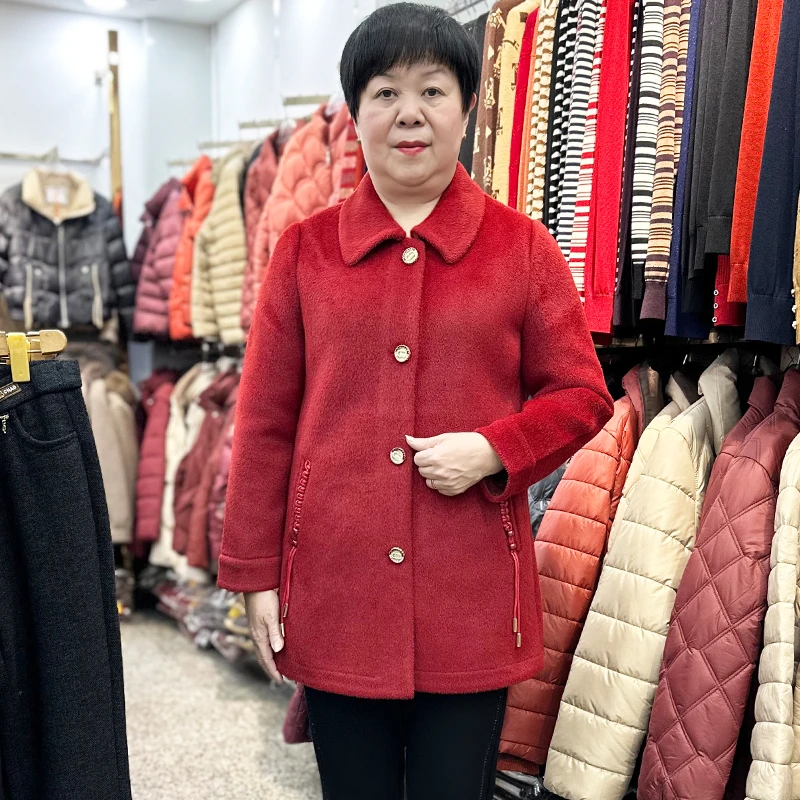冬装中年女士中长款貂绒大衣妈妈装呢子外套2024新款毛呢保暖上衣