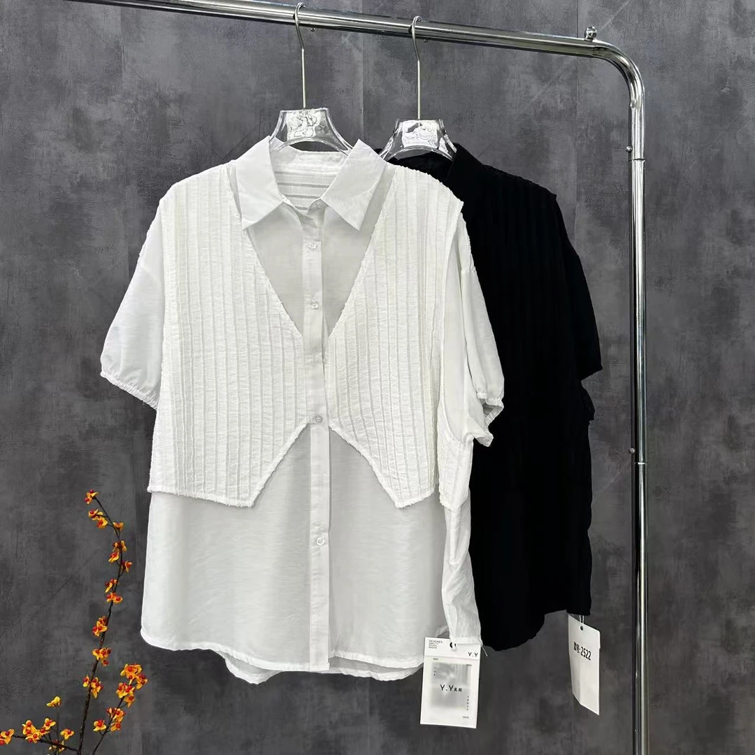 月月推荐 /643肌理感马甲拼接假两件衬衫女短袖2025新款时尚欧货