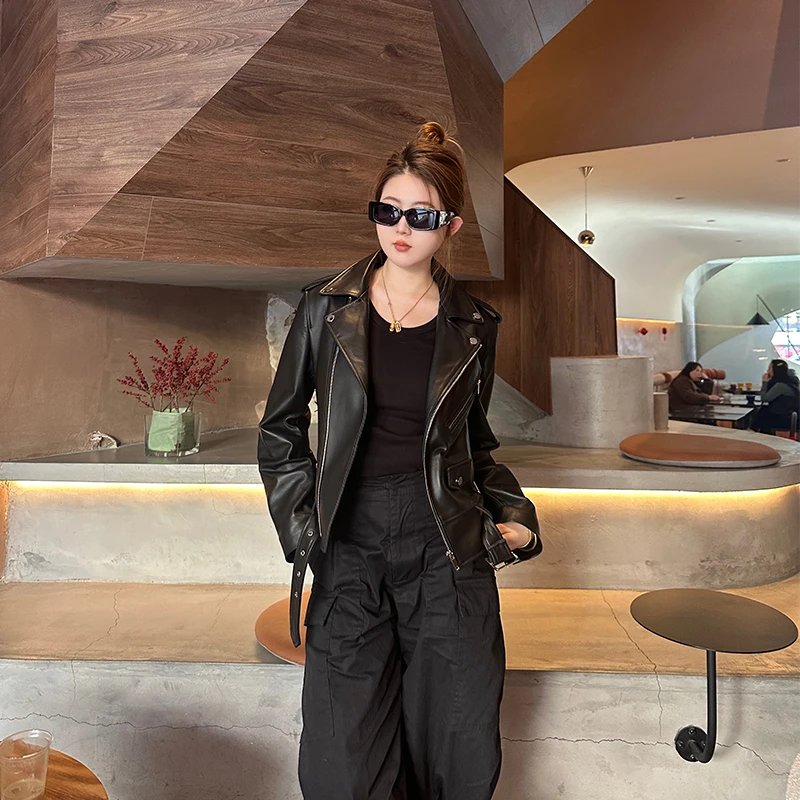 【琳宝】真皮皮衣外套女黑色绵羊皮短款皮夹克外套机车小皮衣-7001