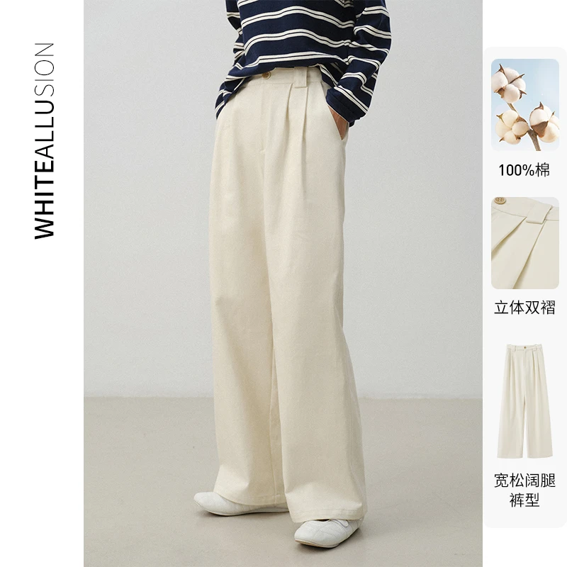 素典纯棉直筒休闲裤女小个子2025春季新款阔腿宽松通勤显瘦长裤子