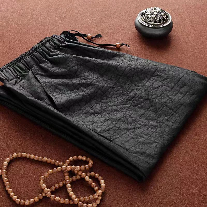 大码男士夏季新款香云纱龟裂纹裤子中年松紧腰薄款真丝桑蚕丝长款