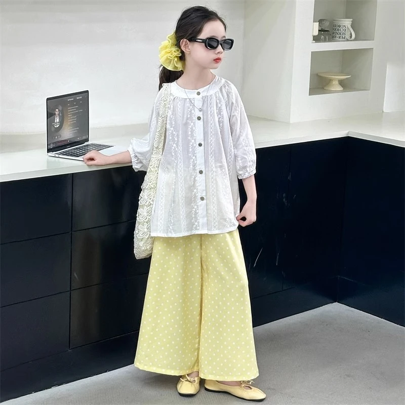 女童休闲洋气套装2025夏季新款中大童日常时尚上衣波点裙裤两件套