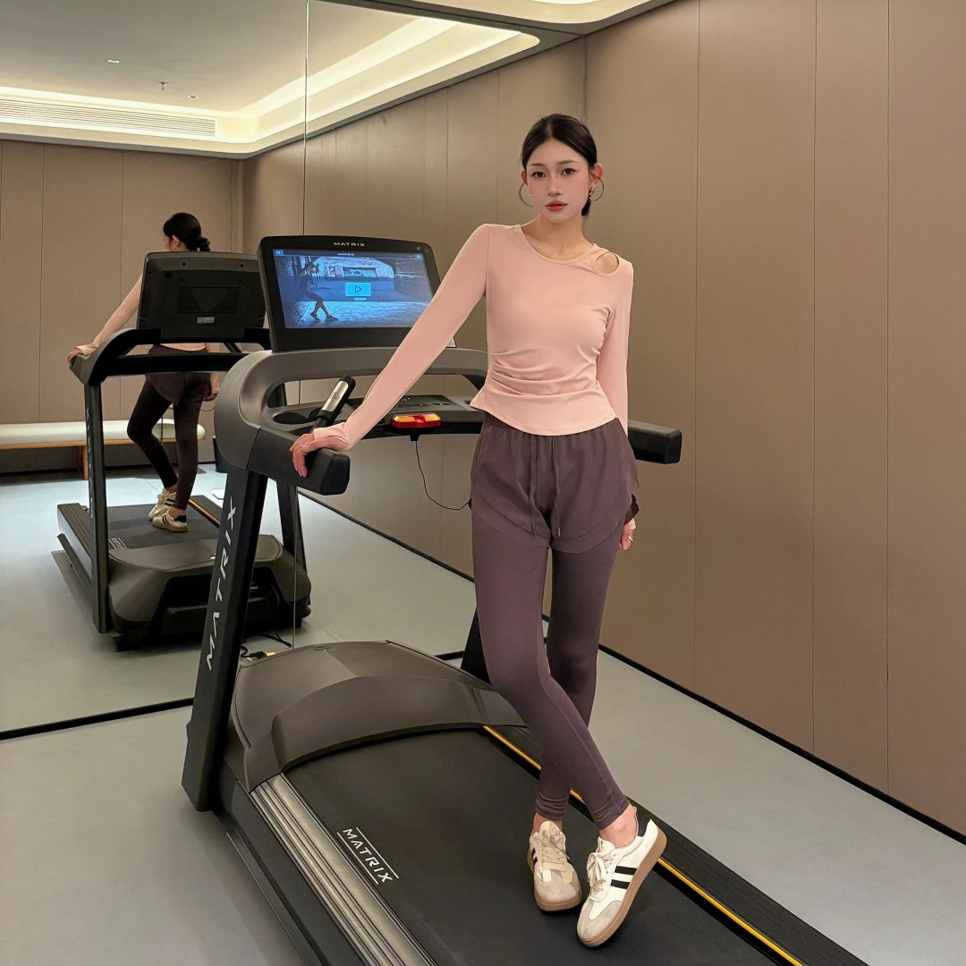 瑜伽服套装秋季新款镂空抽褶瑜伽服假两件瑜伽裤运动跑步速干透气