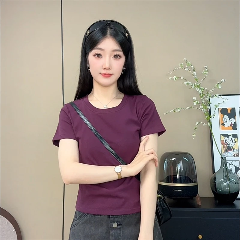 透气U领露锁骨纯色短袖T恤女夏季新款修身显瘦纯色短款高弹力上衣