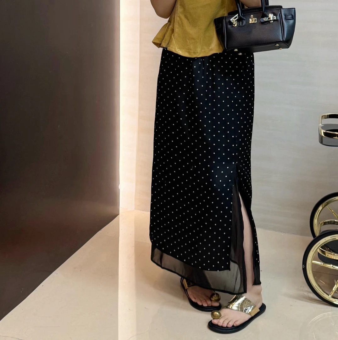 圆点蕾丝波点拼接时尚半身裙松紧腰高腰休闲长裙侧开叉百搭气质
