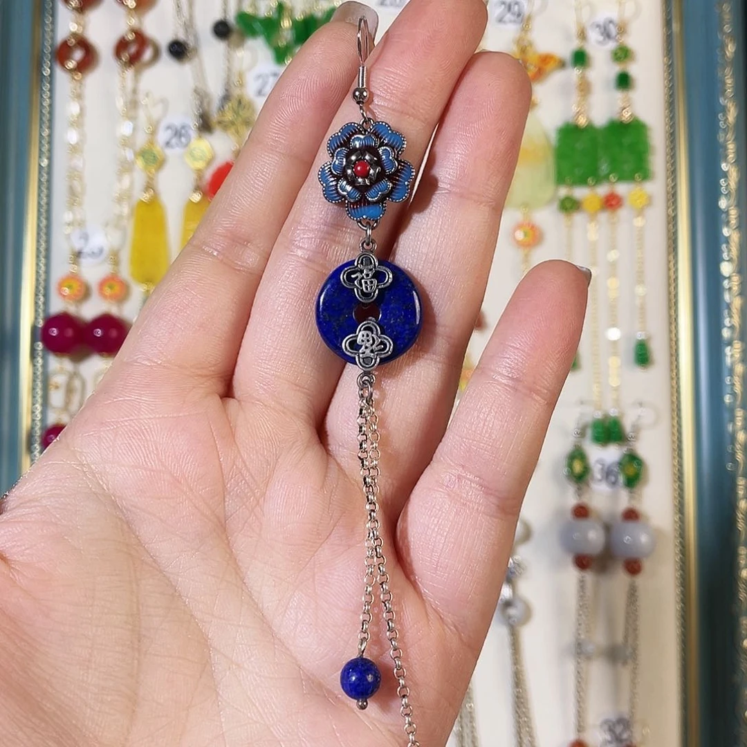 青金石耳饰银S925镶嵌王*单只