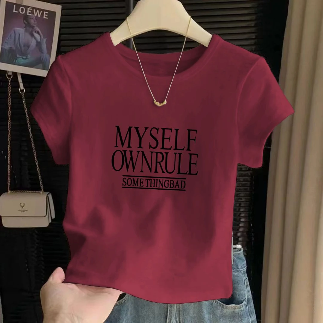 洋气薄款纯棉短袖女士上衣2025夏季高腰短款圆领小个子休闲T恤衫