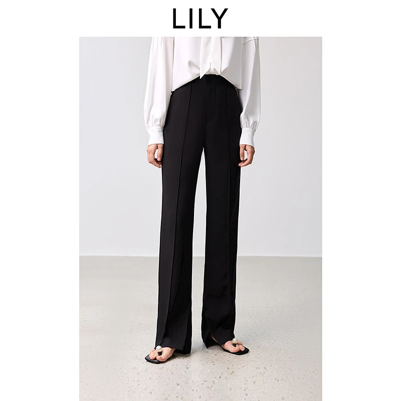 LILY2025春季新款气质开叉小黑裤收腰直筒女装休闲裤125109C5910