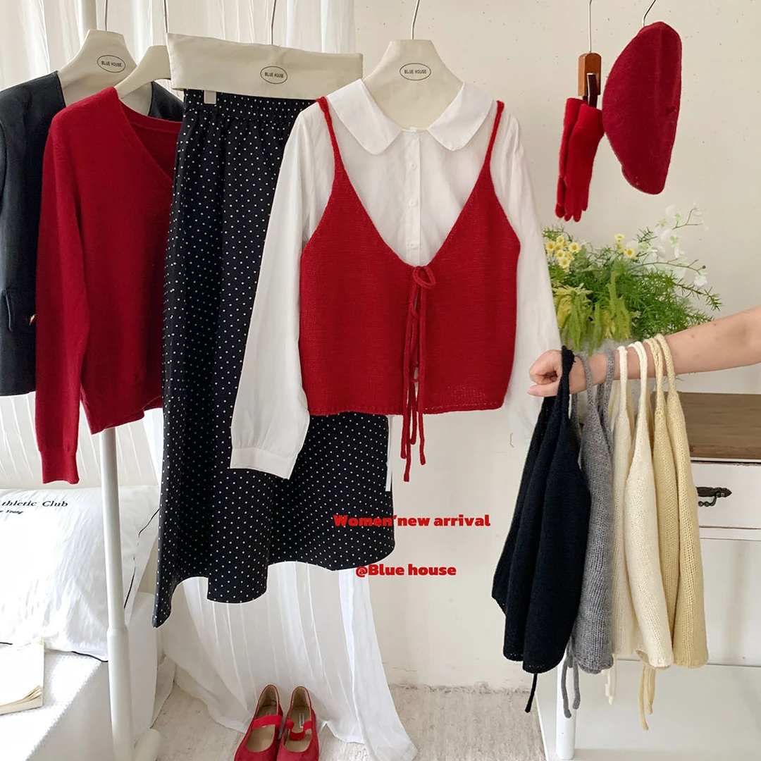 韩系V领绑带针织吊带开衫马甲女秋季叠穿甜美两面穿背心马甲外搭