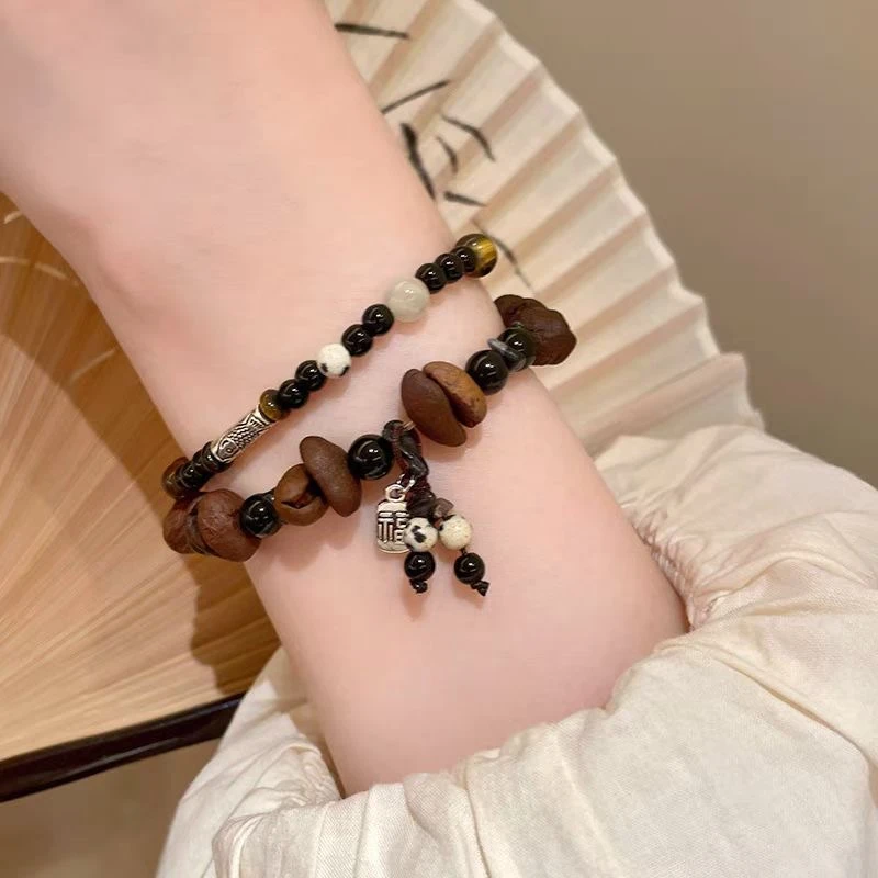 新中式咖啡豆虎眼石串珠手链女小众设计感手串复古叠戴情侣手饰男
