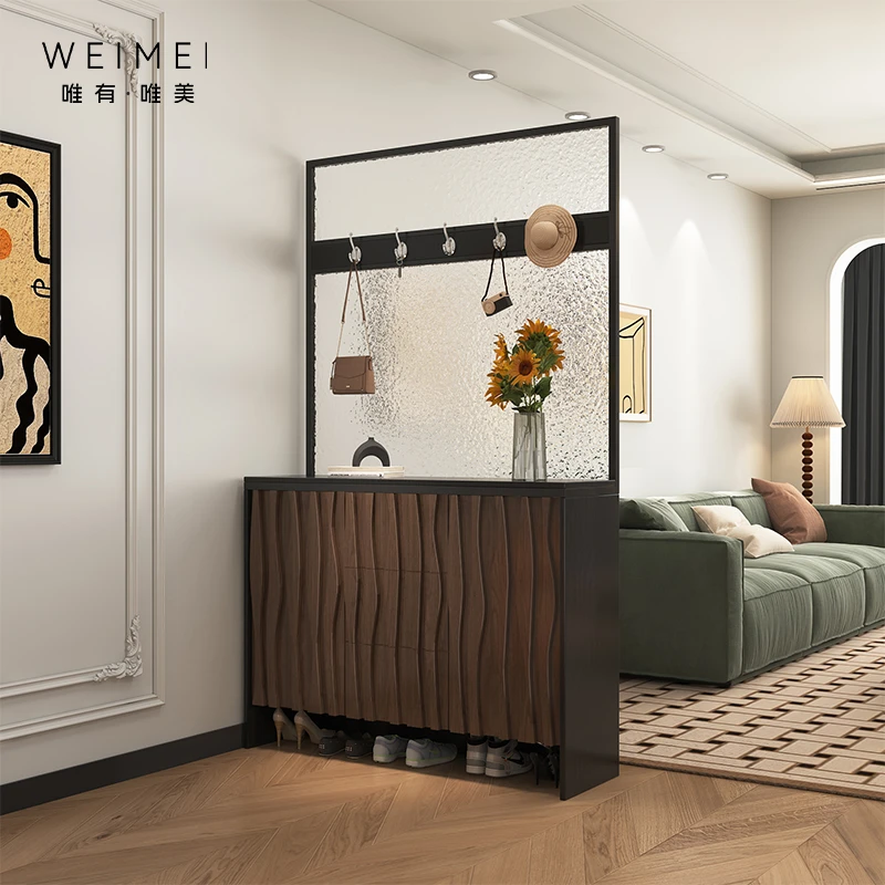 中古风入户玄关柜鞋柜一体客厅玻璃屏风隔断柜挂衣储物收纳可定制