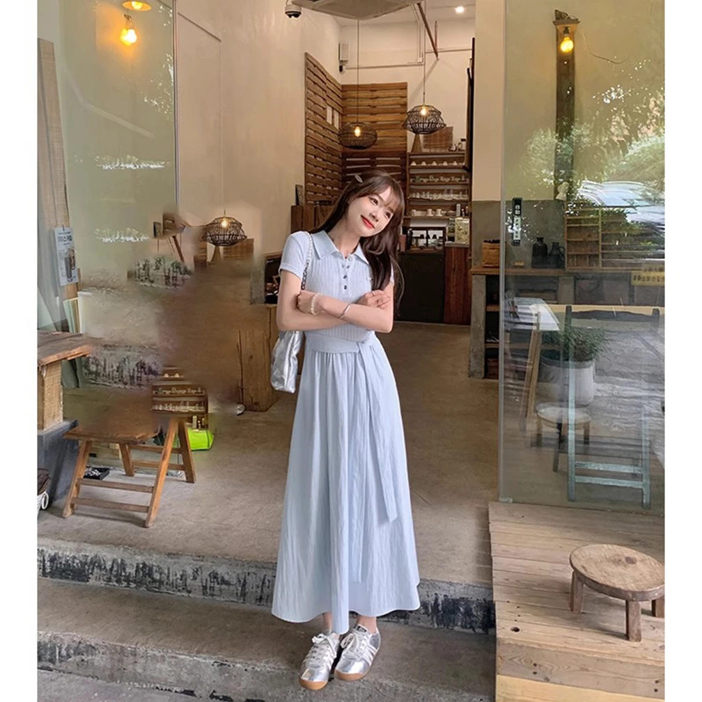 简约时尚法式韩系连衣裙2025夏新款高级气质翻领收腰显瘦拼接长裙