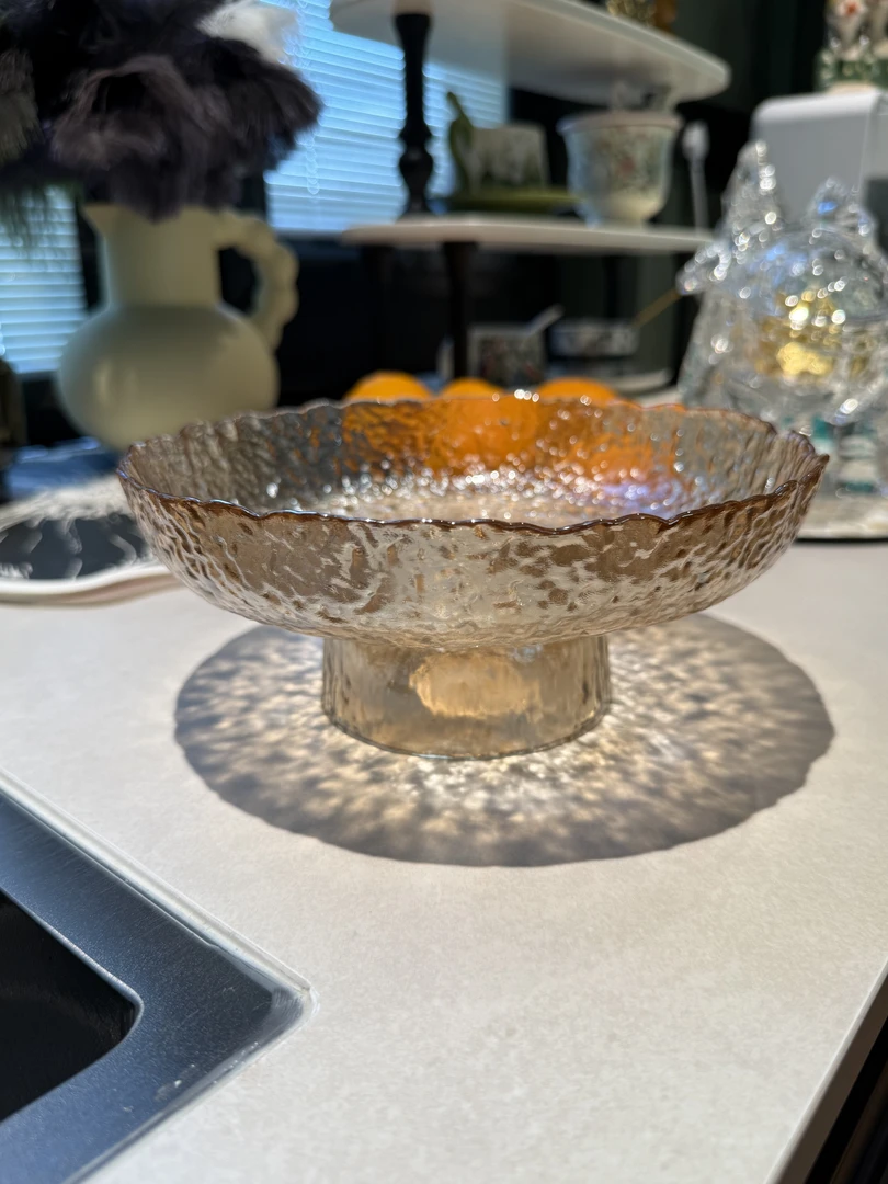 琥珀色锤纹高脚玻璃水果盘单只