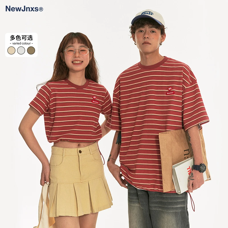 江南先生日系logo魔术贴条纹情侣装长短款T恤 JNXS6020