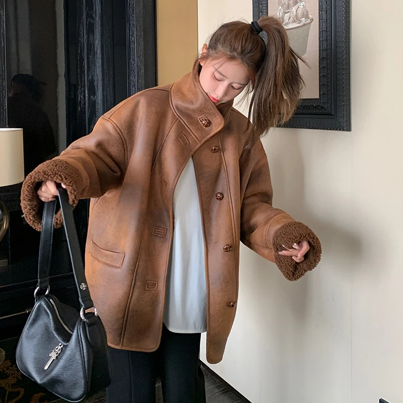 羊羔毛加厚外套女2025年冬季新款小个子皮毛一体机车服复古百搭