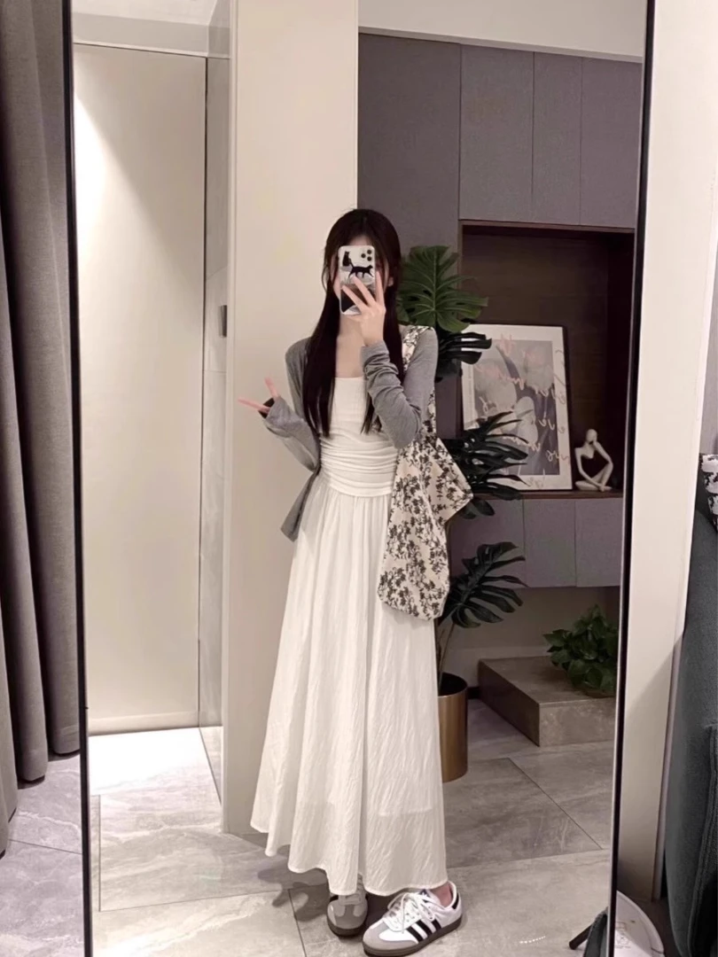 9901纯欲风休闲风韩版时尚套装气质收腰开衫吊带裙温柔连衣裙长款