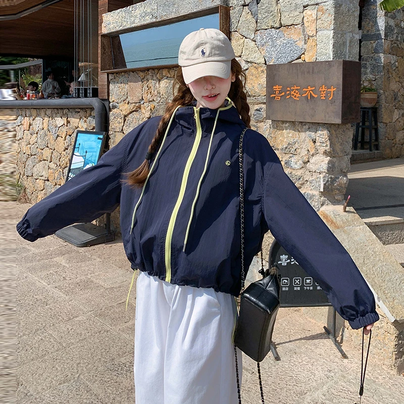 深蓝色防风连帽休闲外套女春季2025年新款韩版宽松显瘦百搭夹克潮