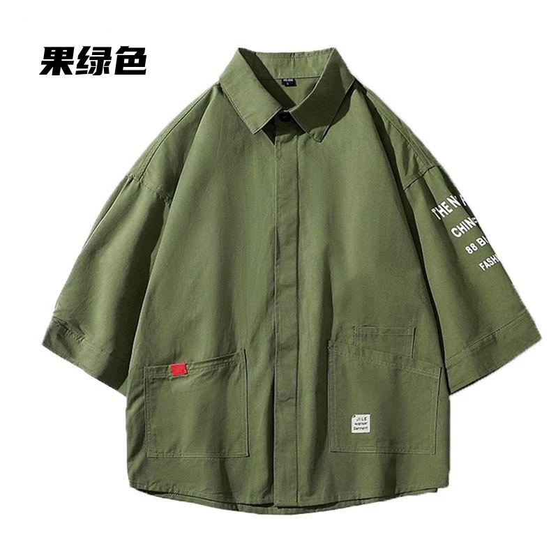 春秋款青少年宽松衬衣纯棉潮流翻领七分袖上衣