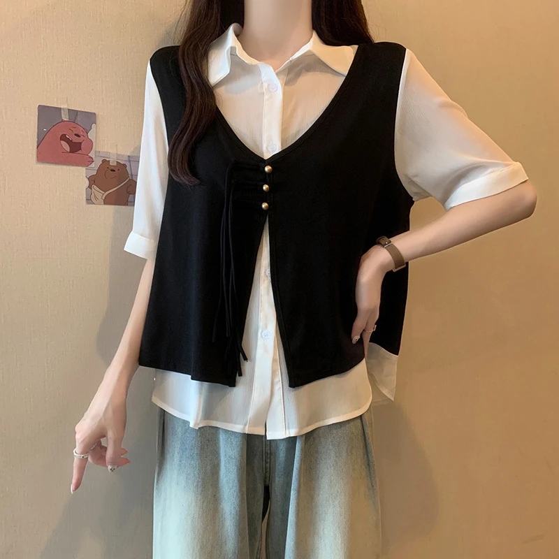 驭瑛大码女装设计感宽松显瘦遮肚子衬衫夏季马甲拼接撞色假两件上