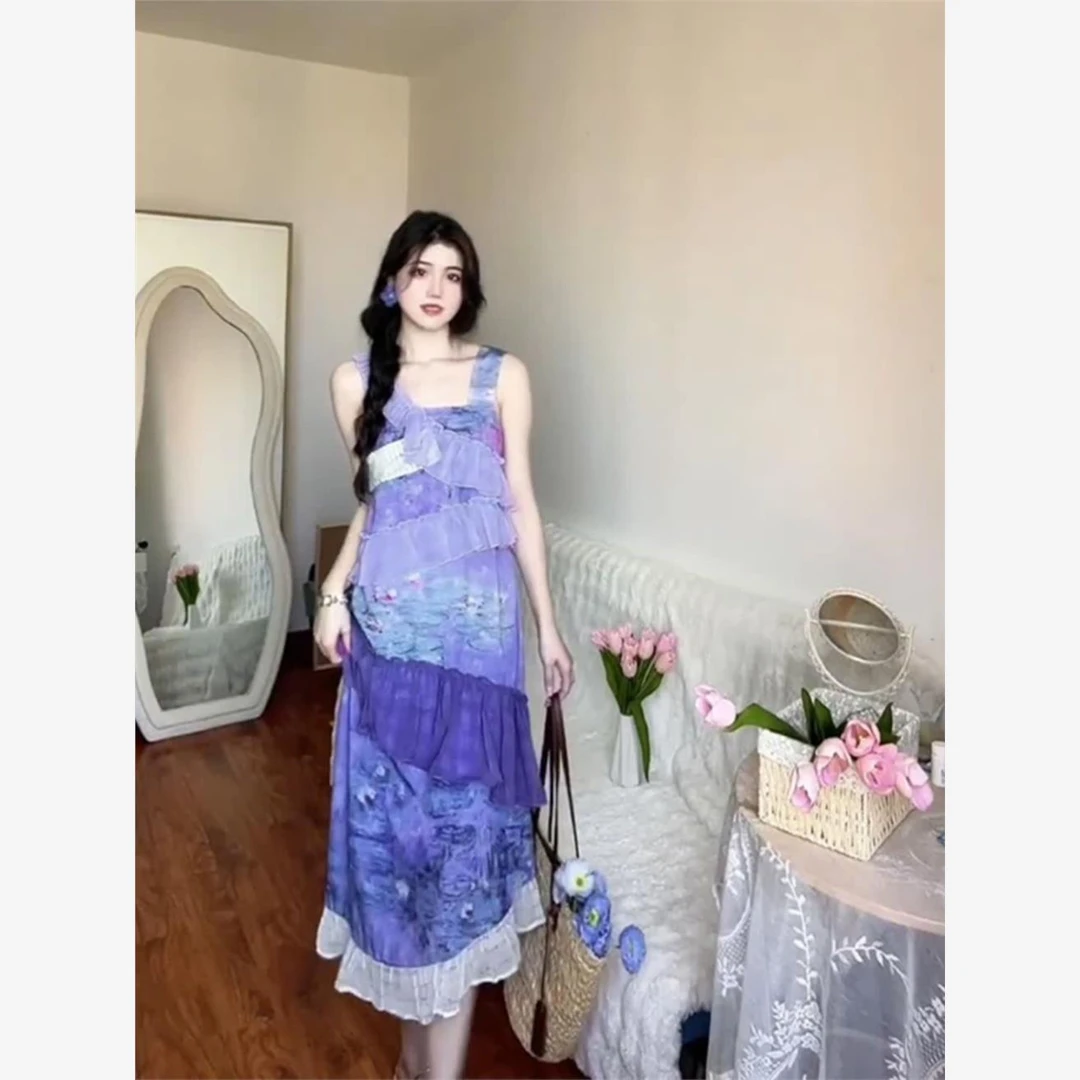 【1.3万人收藏】夏季新款法式设计感荷叶边不规则拼接紫色连衣裙吊