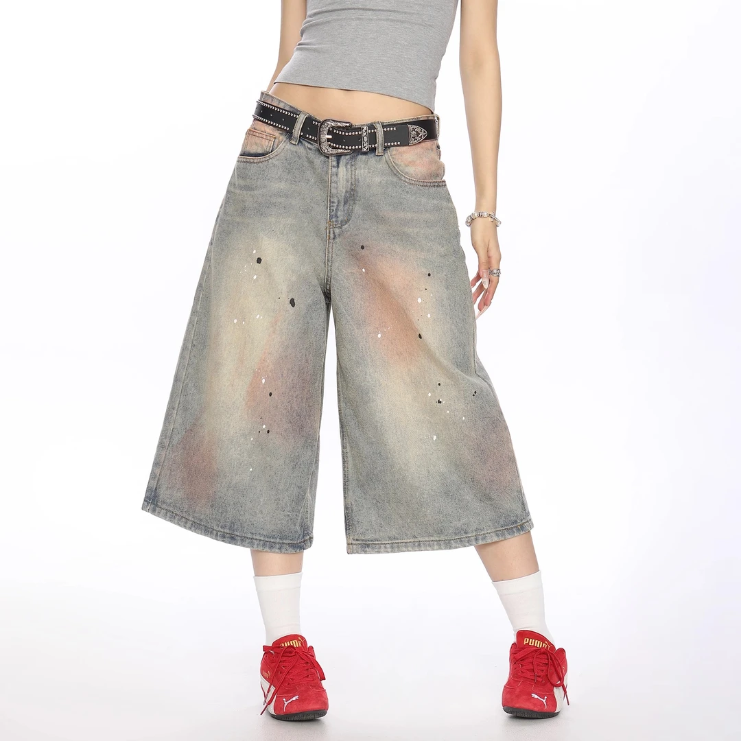 大码美式宽松水洗直筒牛仔短裤男女街头做旧休闲阔腿七分裤潮