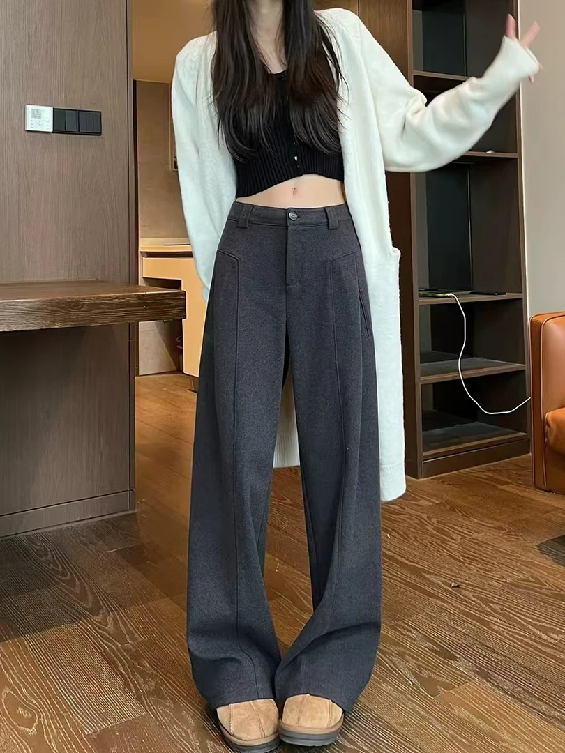 灰色磨毛西装阔腿裤女秋冬款季香蕉镰刀裤高腰垂感休闲直筒裤