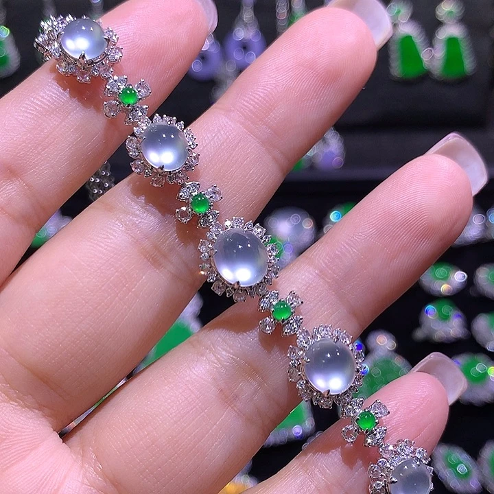 翡翠18K金镶嵌手链玻璃种双眼皮炸光五福临门手链